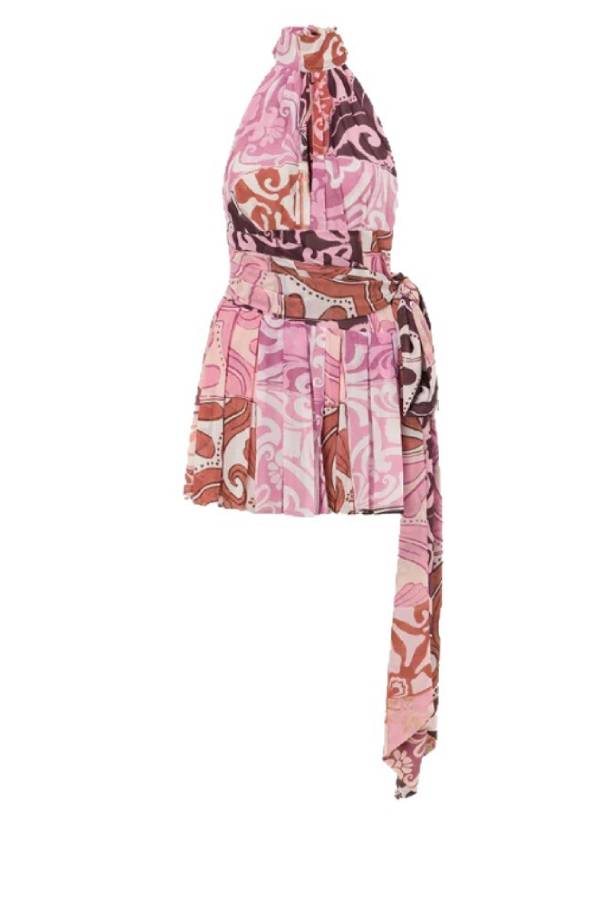Pink Retro Print Halter Backless Sash Mini Dress