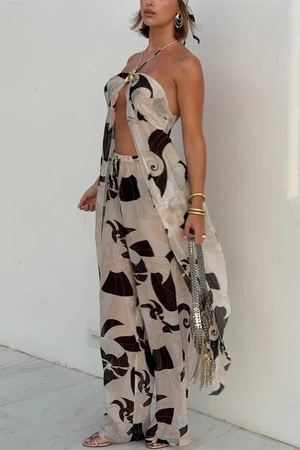 Adrenia Unique Print Metal Starfish Front Slit Halter Tank and Elastic Waist Loose Pants Set