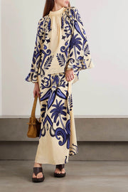 Exquisite Tie-Waisted Cutout Print Satin Loose-Fit Shirt