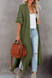 Pickle Green Cable Knit Side Slits Open Front Duster Cardigan