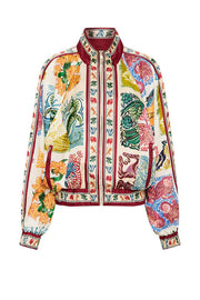 Wond A Land Unique Print Zipper Pocketed Balloon Sleeve Bomber Jacket