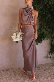 Such A Vibe High Neck Satin Drape Maxi Skirt Set