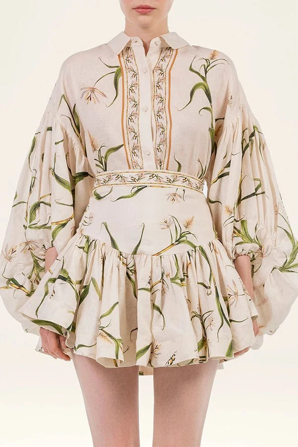 Botanical Print Puff-Sleeve Blouse & Ruffled Skirt Set