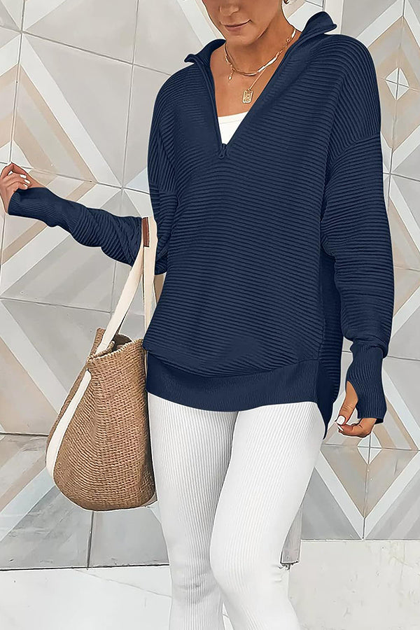 Half-Zip V-Neck Relaxed Rib-Knit Sweater