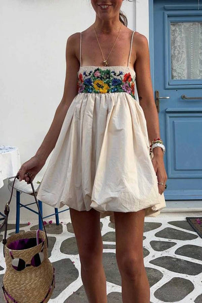 Exquisite Printed Suspender Lantern Mini Dress