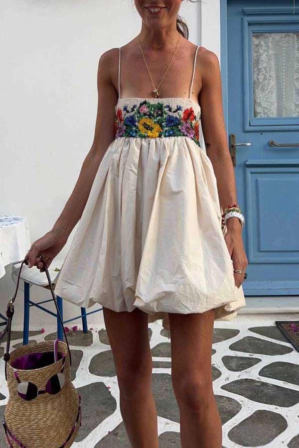 Exquisite Printed Suspender Lantern Mini Dress