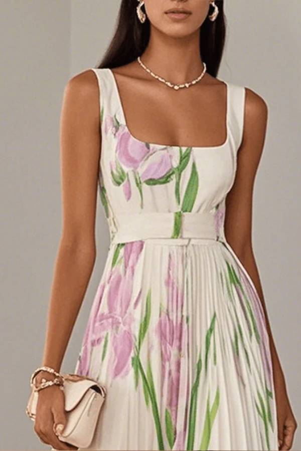 White Pleated Floral Chiffon Square Neck Sleeveless A-Line Maxi Dress
