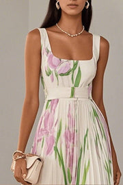 White Pleated Floral Chiffon Square Neck Sleeveless A-Line Maxi Dress