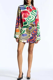 Elouise Satin Color Block Art Print Long Sleeve Button Back Elastic Waist H-line Mini Dress