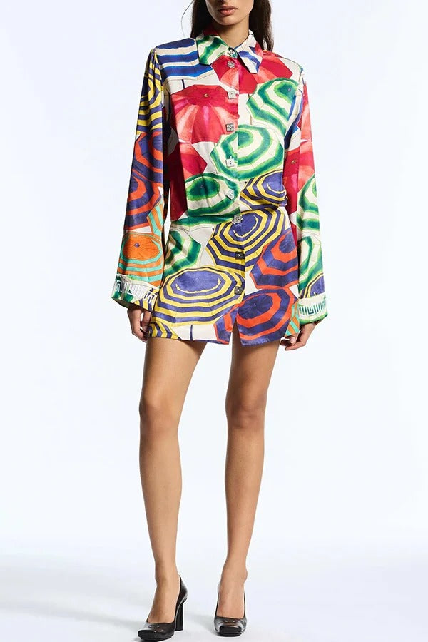 Elouise Satin Color Block Art Print Long Sleeve Button Back Elastic Waist H-line Mini Dress