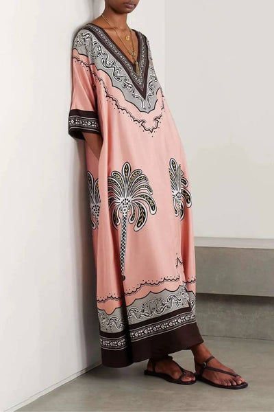 V-Neck Loose Satin Resort Dress