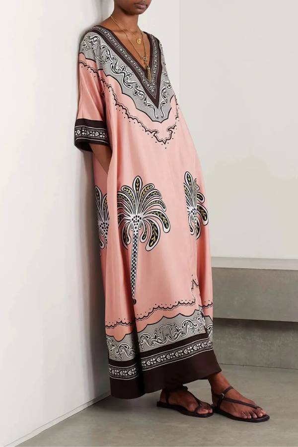 V-Neck Loose Satin Resort Dress