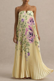 For Every Occasion Satin Pleated Floral Print V-wire Bandeau Neck Maxi Dress