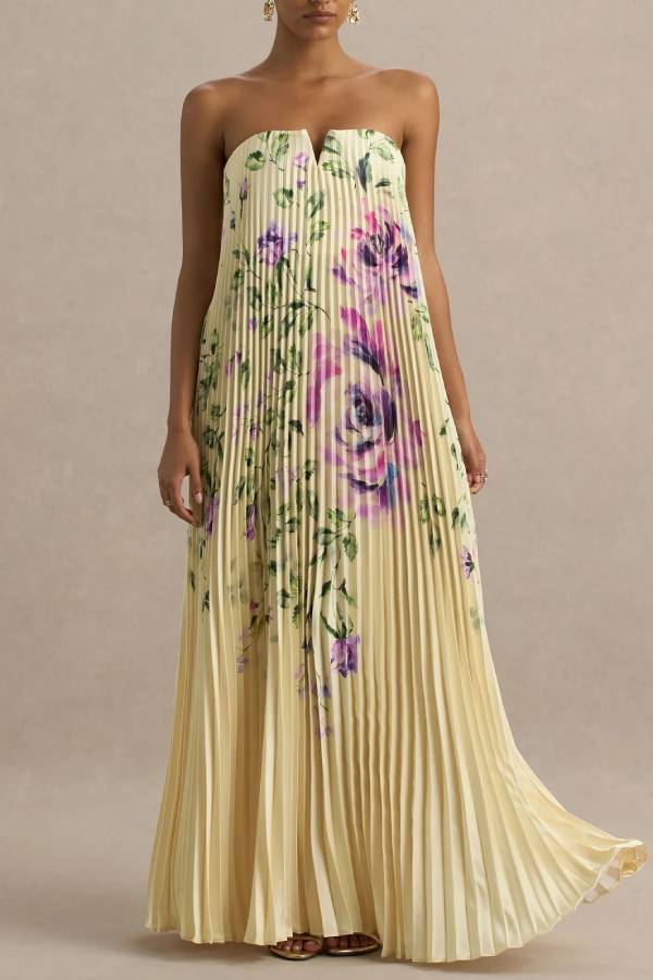 For Every Occasion Satin Pleated Floral Print V-wire Bandeau Neck Maxi Dress