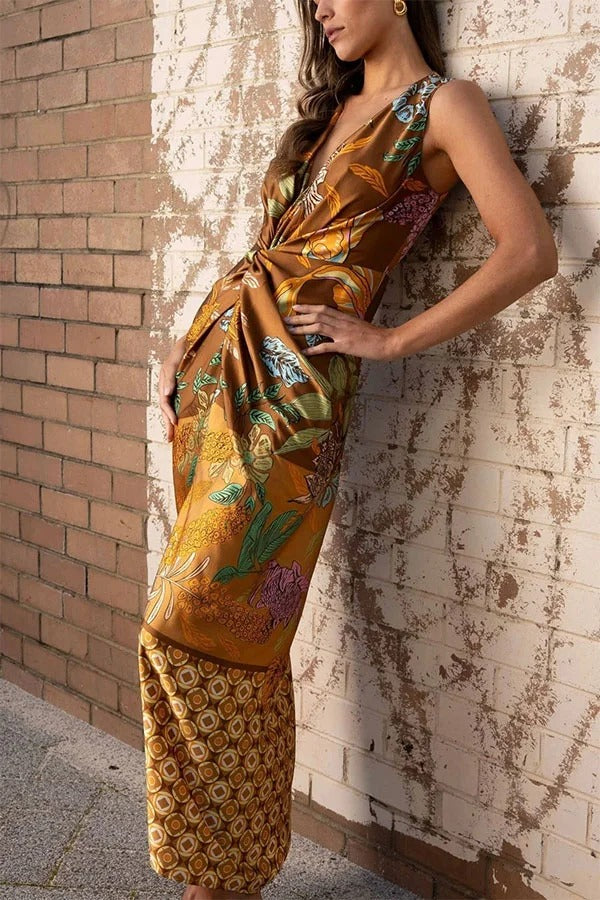 Naturally Inspired Satin Unique Floral Print Twist Waist Slit Drape Maxi Dress
