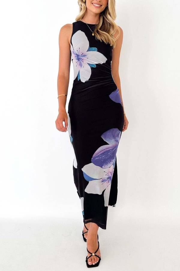 Art Print Sleeveless Fitted Maxi Dress