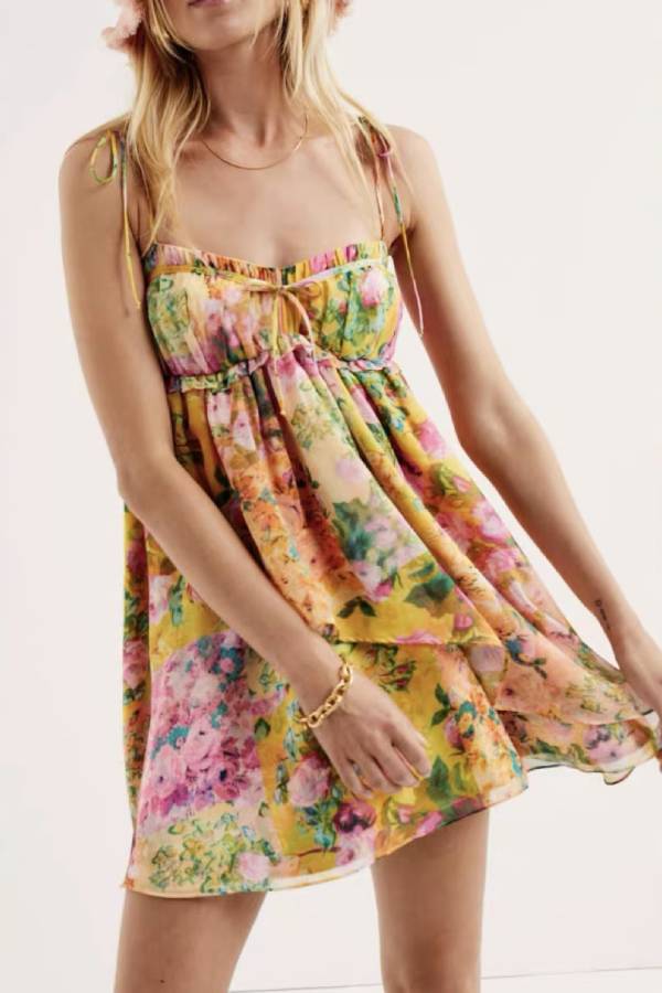 Oil Painting Floral Tie-Strap Cami Backless Mini Dress