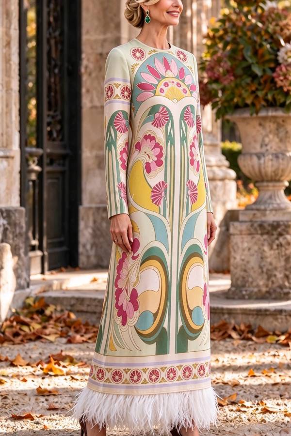 Cecilia Satin Colorful Baroque Style Printed Long Sleeve Feather Trim Maxi Dress
