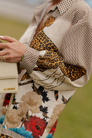 Exotic Leopard Flower Patchwork Print Button Down Oversized Blouse