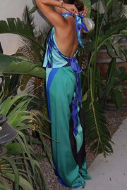 Coastal Muse Satin Unique Print Halter Scarf Tank and Elastic Waist Loose Pants Set