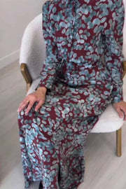 Contrast color printed long-sleeved maxi dress