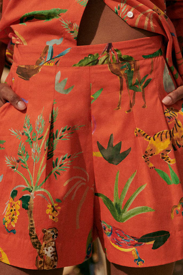 Jungle Adventure Linen Blend Unique Print Blouse and Back Elastic Waist Pocketed Shorts Set