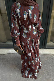 Burgundy Floral Print Elegant Maxi Dress