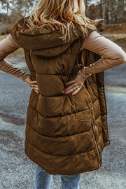 Hooded Pocketed Quilted Long Vest Coat