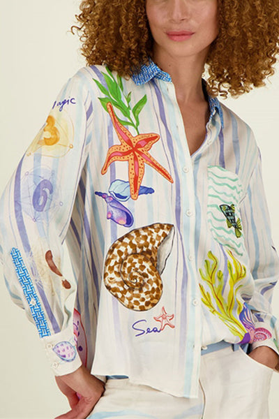 DREAM OCEAN SATIN UNIQUE PRINT BUTTON DOWN POCKET OVERSIZED BLOUSE