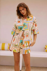 Casual Fashion Unique Print Loose Short-SleevedShirt Straight Shorts Set