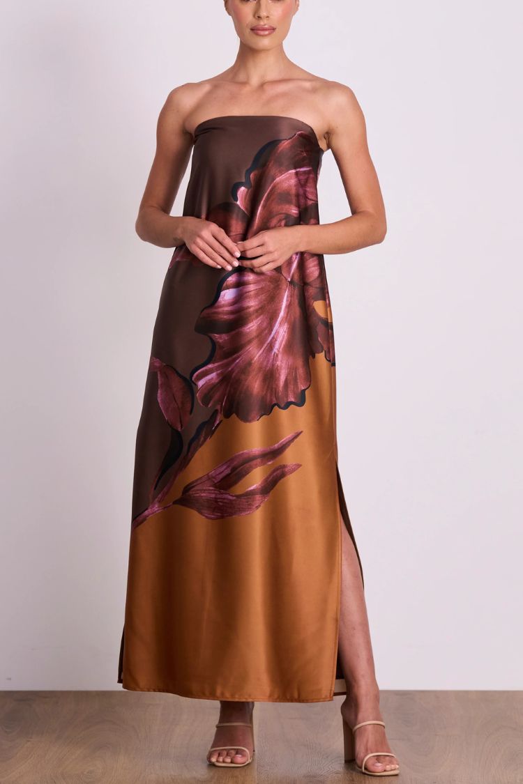 Drawing Inspiration Satin Floral Print Off Shoulder A-line Slit Maxi Dress