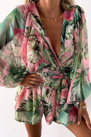 Printed lantern sleeve fitted waist jumpsuit shorts