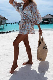 Printed lantern sleeve fitted waist jumpsuit shorts