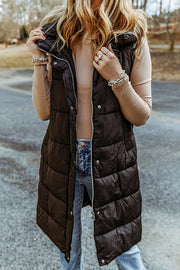 Hooded Pocketed Quilted Long Vest Coat