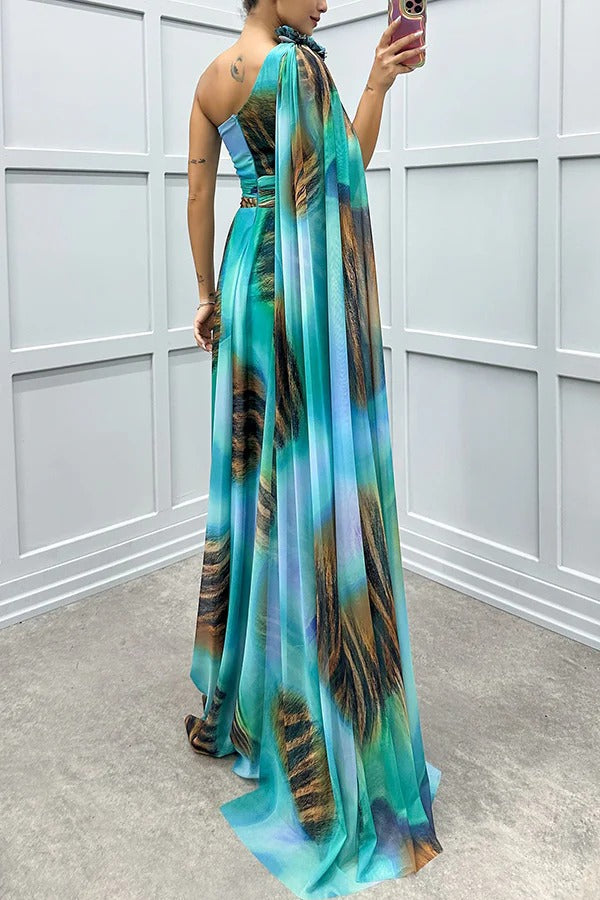 Lucia Unique Print Floral Detail One Shoulder Draped Sleeve Gown Maxi Dress