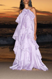 Free - Flowing Rose Detail Tiered Ruffles Halter A-line Maxi Dress