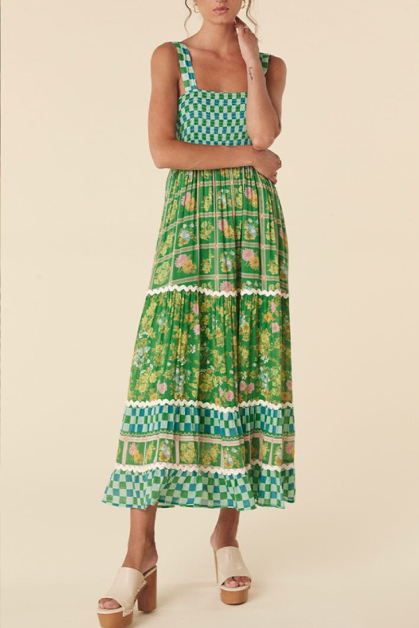 Unique Print Smocked Bust Back Lace-up Maxi Dress