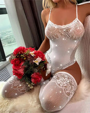 Rhinestone Contrast Lace Spaghetti Strap Teddy