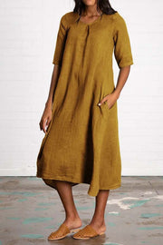 Round Neck Half Sleeve Long Solid Color Casual Cotton Linen Dress