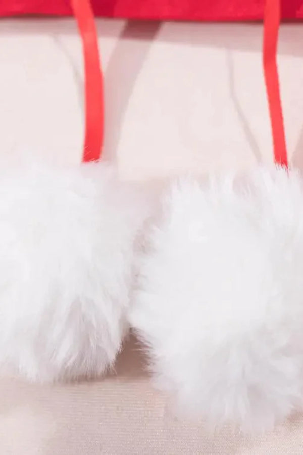 Christmas Fuzzy Trim Pom Pom Decor Garter Lingerie Set