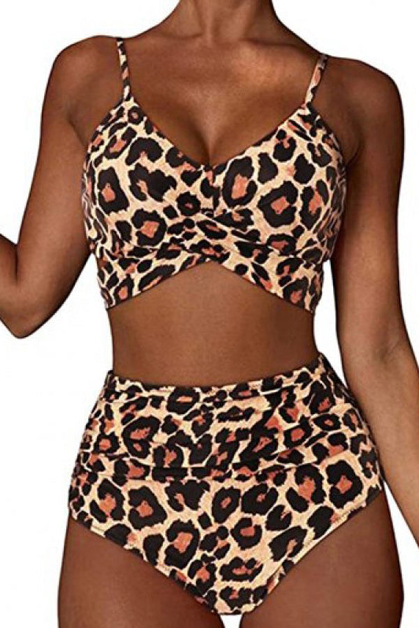 High Waist Crossover Leopard Bikini