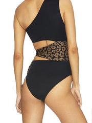 One Shoulder Cutout Leopard Knitting One-piece Swimsuit