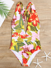 Floral Printed Tie Back Cutout Deep V One Piece Swimsuit