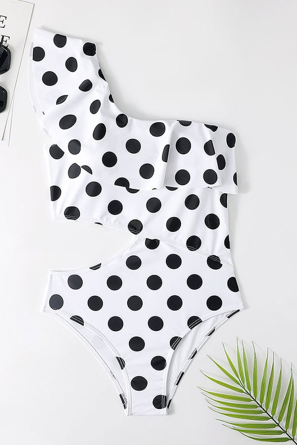 One-shoulder Ruffled Polka Dot One-piece Swimsuit