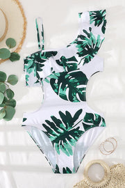 Asymmetric Printed Ruffled One-piece Swimsuit