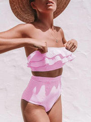 Flounce Sleeve Bandeau Stripe Swimsuit