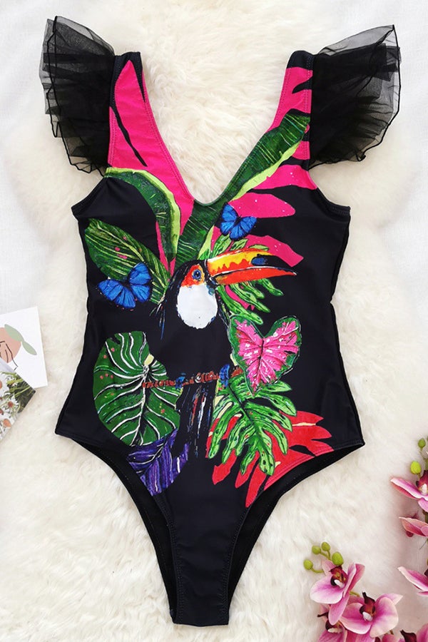 Ruffled V-Neck Print One-Piece Swimsuit