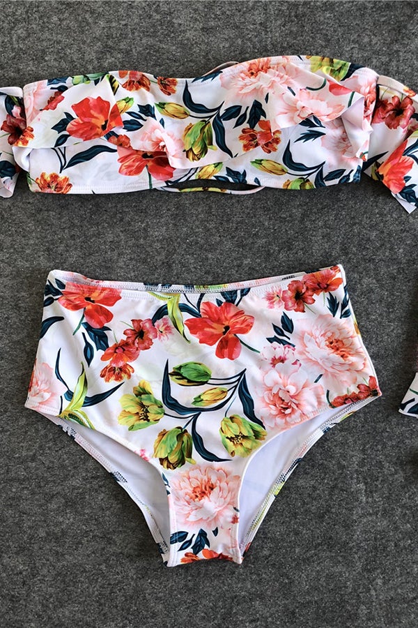 One-shoulder Floral Ruffle Bikini