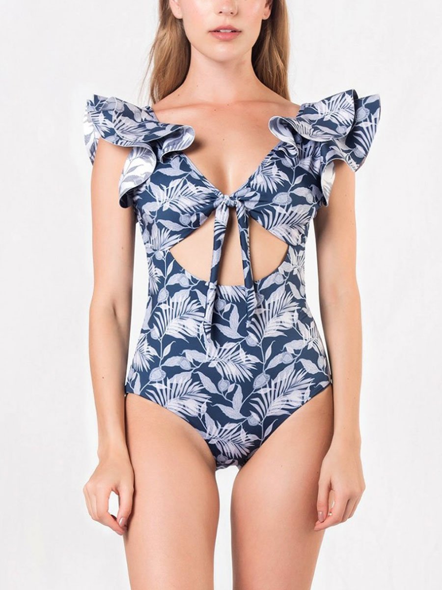Plant Printed One-piece Swimsuit With Ruffle