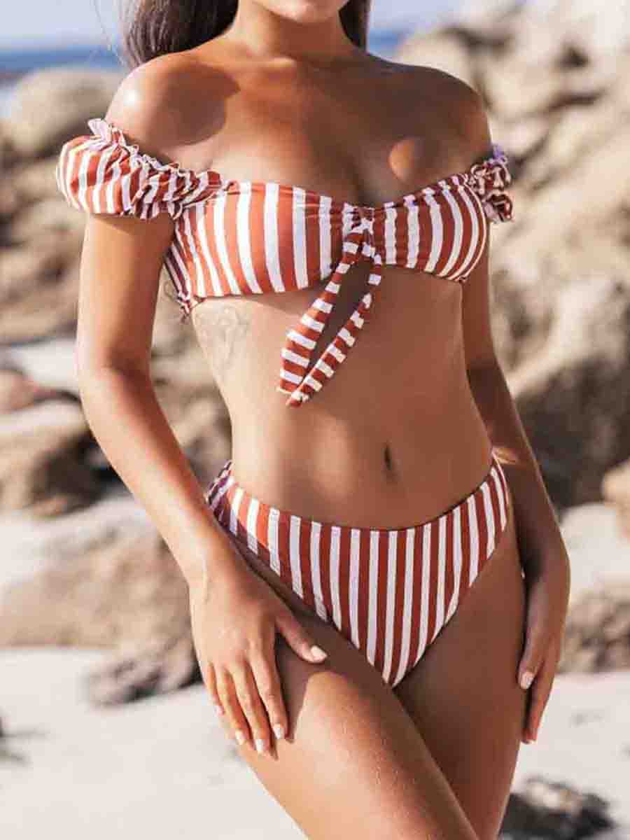 Knot Design Bubble Sleeve Red Striped Two pieces Swimsuit